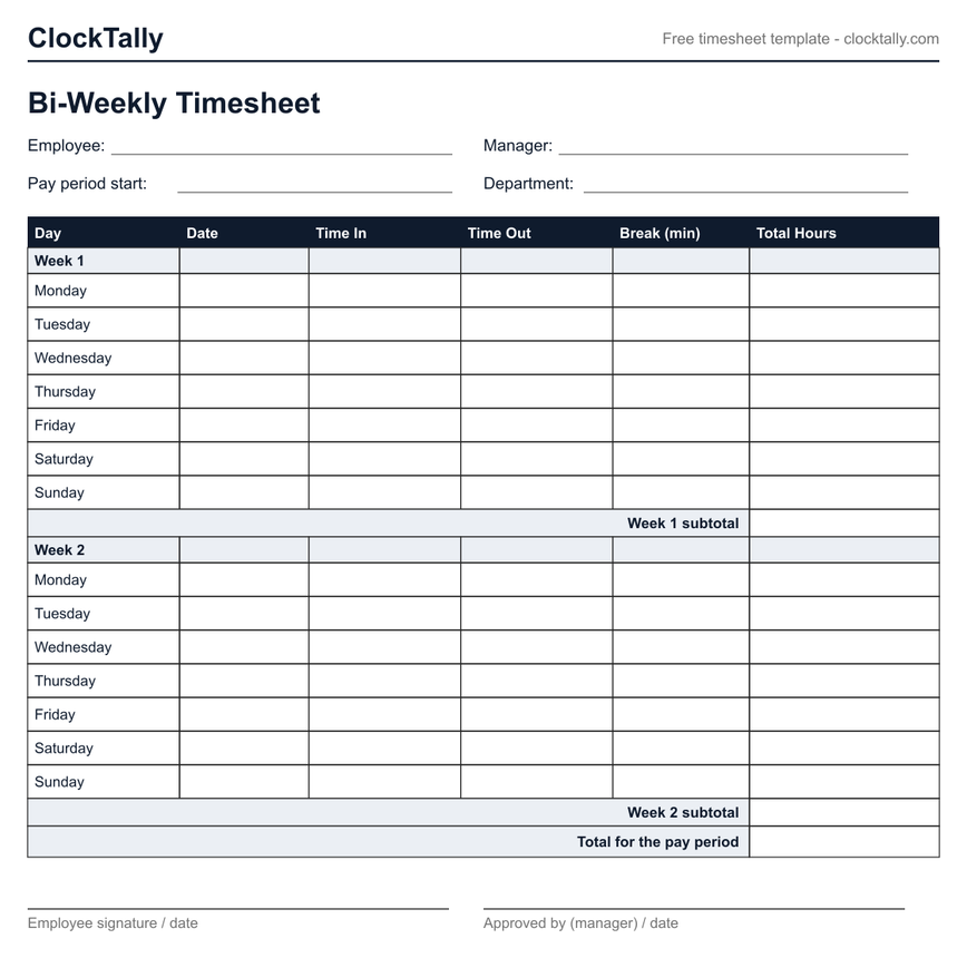 Free printable bi-weekly timesheet template — blank PDF with two weeks of rows, week subtotals, and a pay period total