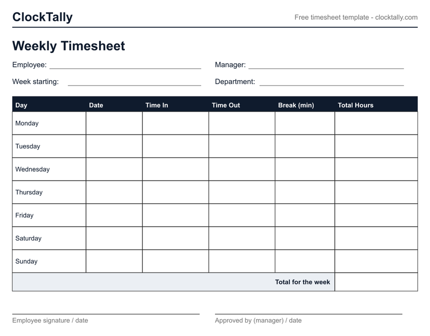 Free printable weekly timesheet template — blank PDF with rows for Monday through Sunday, time in, time out, break minutes, and total hours